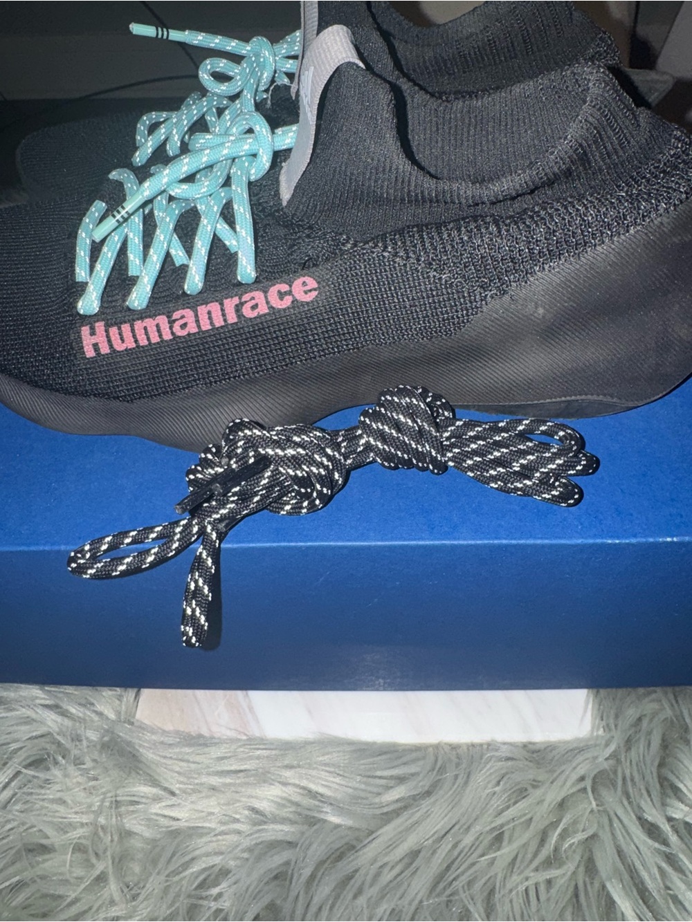 Pharrell Williams -Black Knit Sneakers with Aqua Laces and Pink Branding
